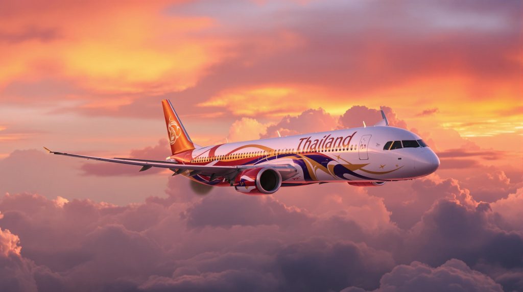Avion moderne en route pour Bangkok au coucher du soleil
