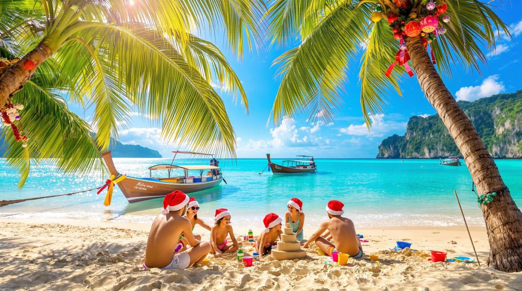 Famille célébrant Noël sur une plage thaïlandaise