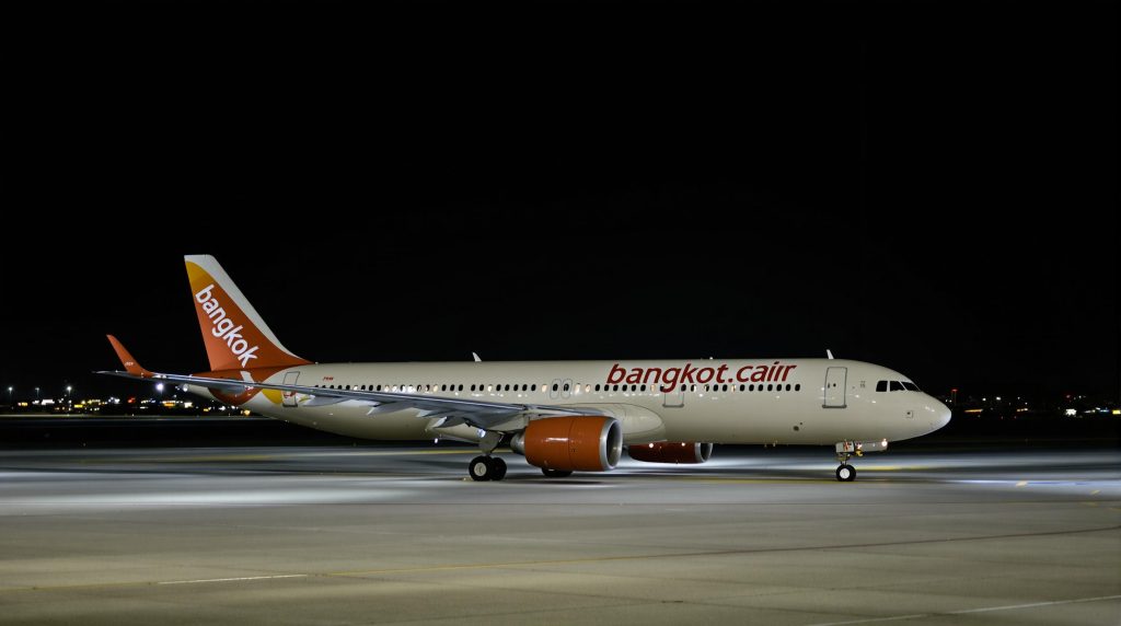 Avion low cost prêt pour Bangkok de nuit