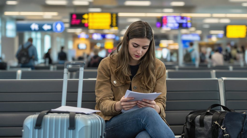 Étudiant vérifiant ses documents de voyage