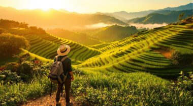 Backpacker au Vietnam avec paysage
