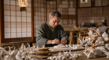 Maître japonais créant un origami dans un atelier