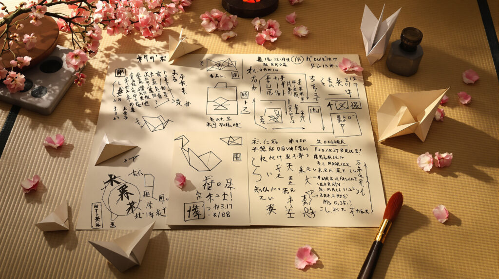 Manuscrits japonais avec des modèles d'origami