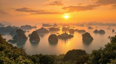 Panorama de la baie d'Halong et temple cambodgien