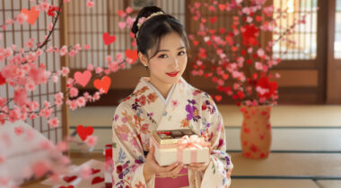 Femme japonaise offrant des chocolats pour la Saint-Valentin