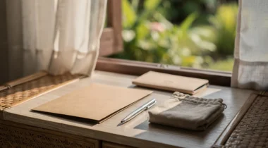 Pochette de documents et trousse en tissu sur une table, près d’une fenêtre en Thaïlande