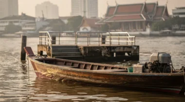 Bateau long-tail amarré sur le Chao Phraya à Bangkok, avec un temple et la skyline en arrière-plan