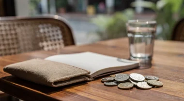Portefeuille en toile, carnet vierge et pièces sur une table à Bangkok