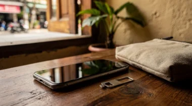 Smartphone éteint, outil SIM et pochette en toile sur une table à Bangkok