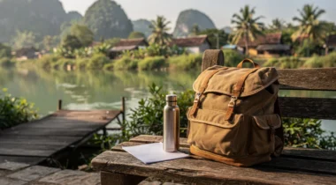 Sac à dos en toile et gourde sur un banc au bord d’une rivière au Vietnam