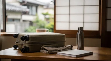 Valise cabine, chemise pliée et gourde sur une table devant une fenêtre de style japonais à Tokyo