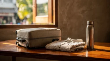 Valise cabine, chemise pliée et gourde sur une table près d’une fenêtre en Thaïlande