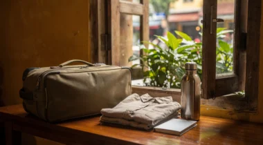 Valise cabine, chemise pliée et gourde près d’une fenêtre à Hanoï