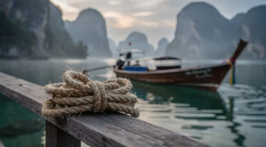 Bateau traditionnel sur une baie aux îlots calcaires dans le sud de la Thaïlande