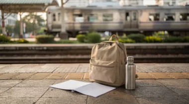 Sac à dos et gourde sur un quai de gare en Thaïlande