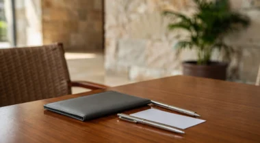 Pochette de voyage, carte blanche et stylos sur une table en bois dans un hôtel à Bangkok