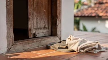 Sandales et châle plié devant une porte en bois dans un temple de Chiang Mai