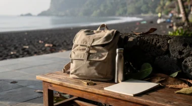 Sac à dos, clé et gourde sur un banc devant une plage de sable sombre à Amed, Bali