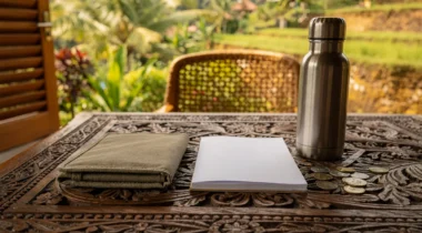 Portefeuille en toile, carnet vierge, gourde et pièces sur une table sculptée devant des rizières à Bali