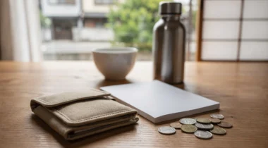 Portefeuille en toile, carnet vierge et pièces sur une table dans une chambre à Tokyo