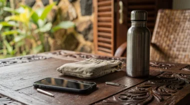 Smartphone éteint, outil SIM et gourde sur une table en bois à Bali