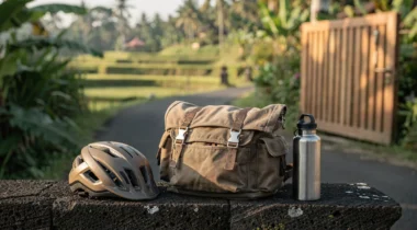 Casque de vélo, sac en toile et gourde près d’une route bordée de rizières à Bali