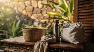Panier tressé, foulard plié et gourde sur une table en bois à Bali