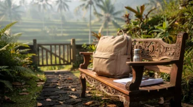 Sac à dos en toile et gourde sur un banc en bois devant des rizières à Bali