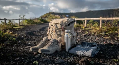 Sac à dos, chaussures de randonnée, gourde et veste sur un sol volcanique au mont Batur à Bali
