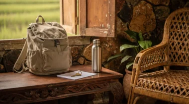 Sac à dos, clé et gourde sur une table en bois devant des rizières à Bali