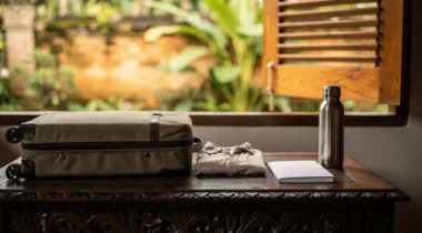 Valise cabine, chemise pliée et gourde sur une table devant une fenêtre ouverte à Bali