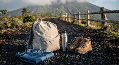 Sac à dos, chaussures de randonnée, gourde et veste de pluie sur un sentier volcanique en Indonésie