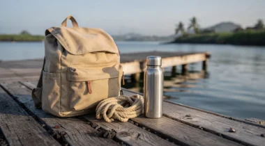 Sac à dos en toile, corde et gourde sur une jetée en bois à Bali
